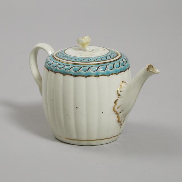 Worcester Turquoise, Black and Gilt Bordered Fluted Teapot, c.1770-75
