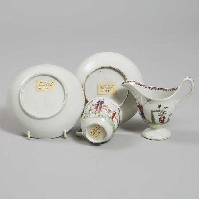 New Hall 'Parasol and Windmill' (Pattern 20) Cream Jug, Coffee Cup and Two Saucers, late 18th century
