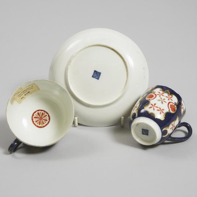Worcester 'Old Japan Star' Pattern Tea Cup, Coffee Cup and Saucer Trio, c.1770