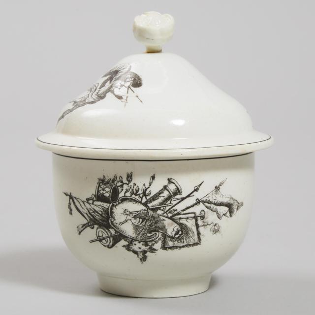 English Porcelain Black Printed ‘King of Prussia’ Covered Sugar Bowl, possibly Worcester, late 18th century