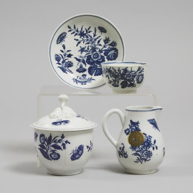 Worcester 'Three Flowers' Pattern Covered Sugar Bowl, Cream Jug, Tea Bowl and Saucer, c.1775