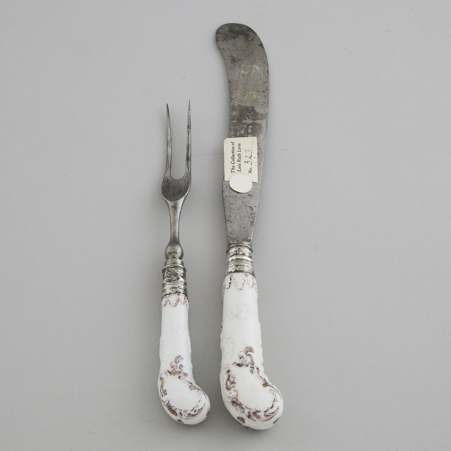 Pair of Bow Moulded and Painted Pistol Shaped Knife and Fork Handles, c.1755