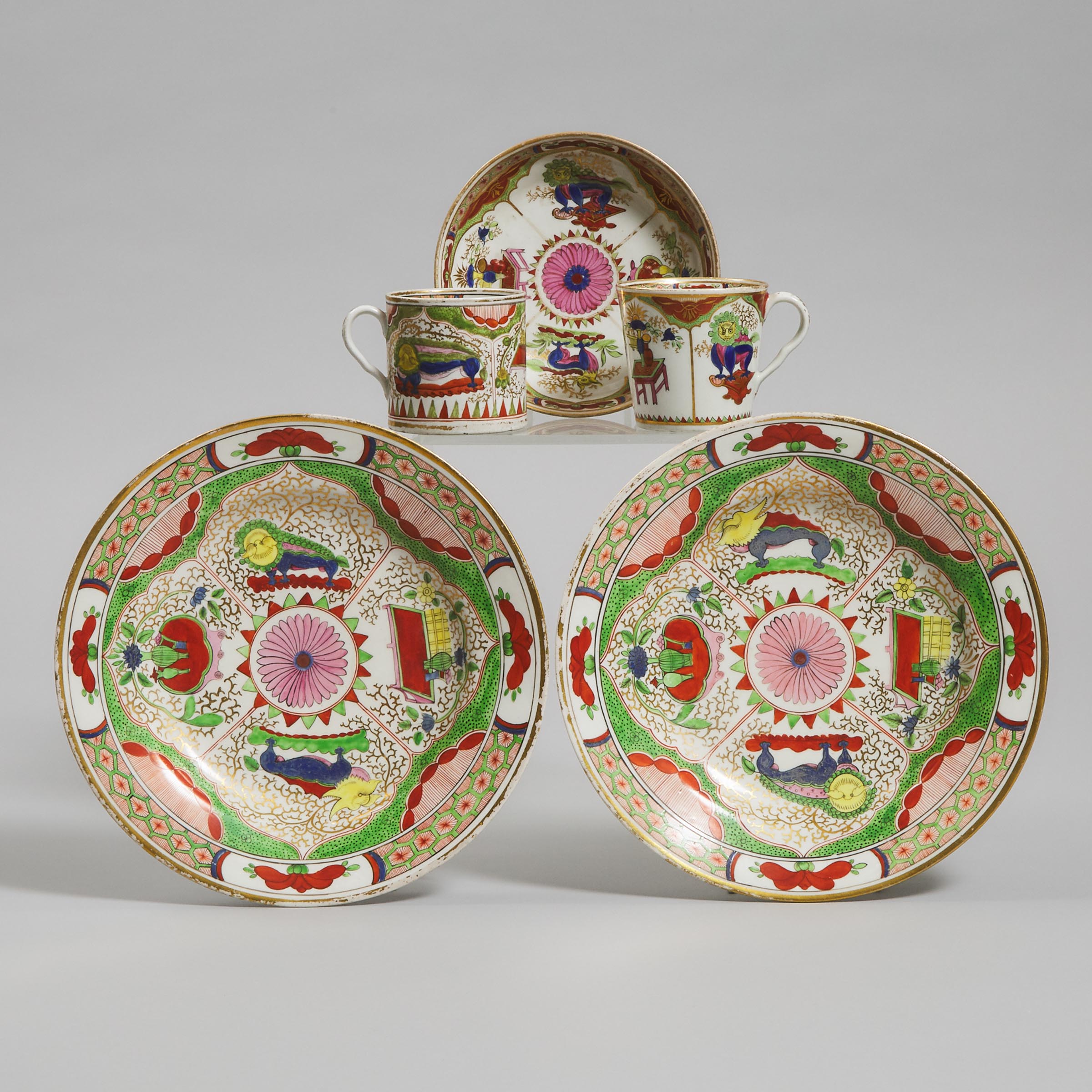 Pair of Chamberlains Worcester 'Dragon in Compartments' Plates, Two Coffee Cups and a Saucer, c.1800-10