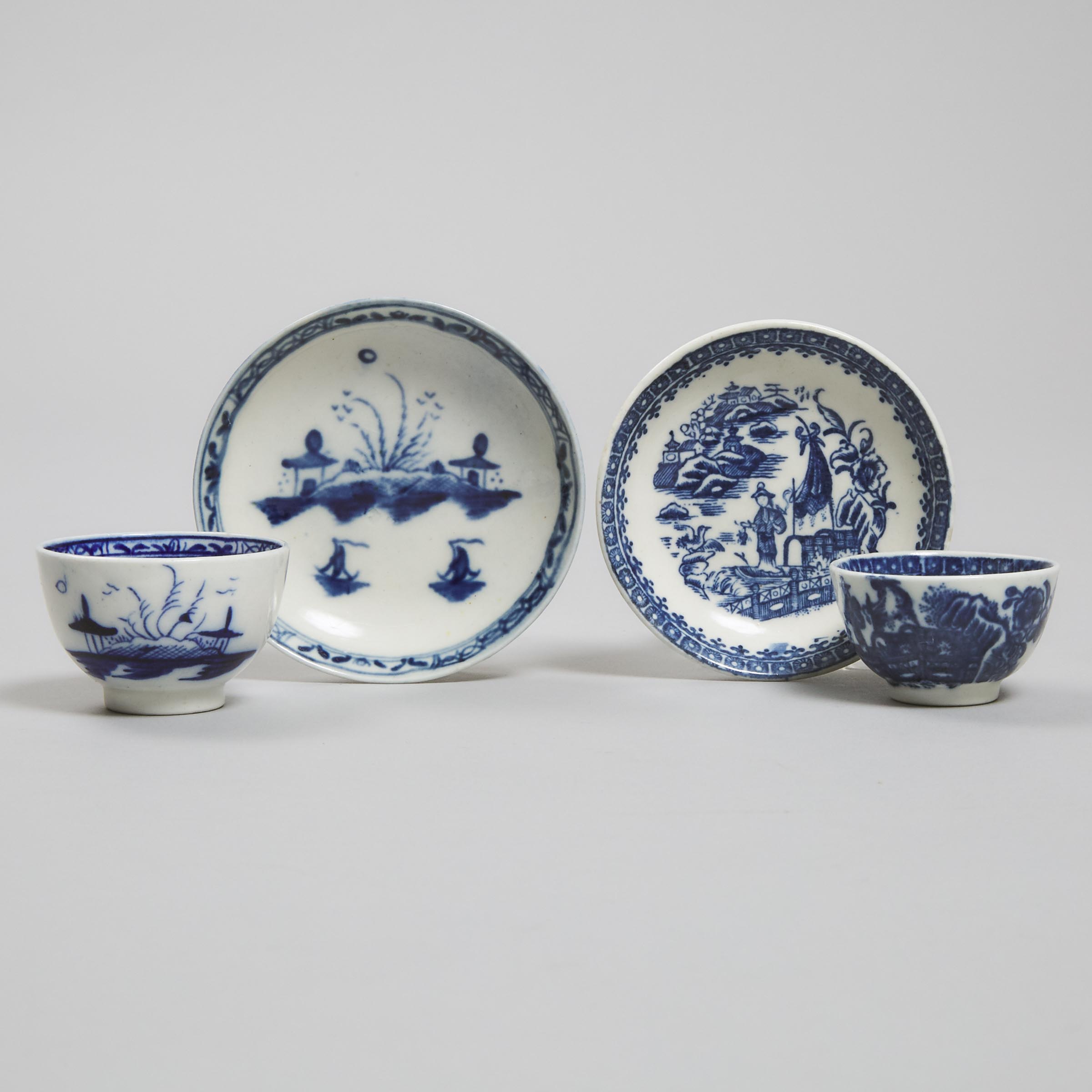Two Caughley Blue and White 'Island' or 'Fisherman' Pattern Toy Tea Bowls and Saucers, c.1780-90