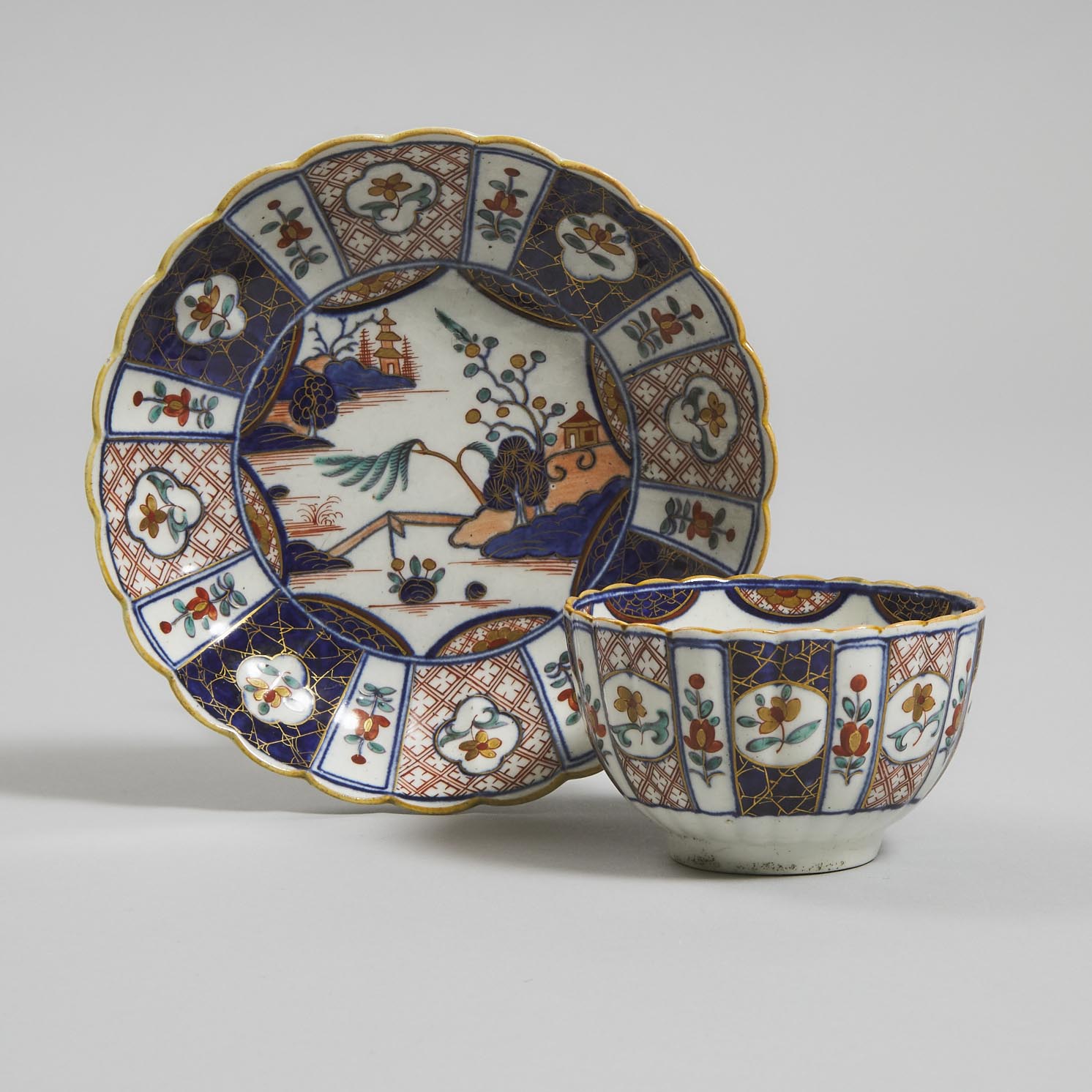 Worcester Imari Pattern Fluted Tea Bowl and Saucer, c.1775-80