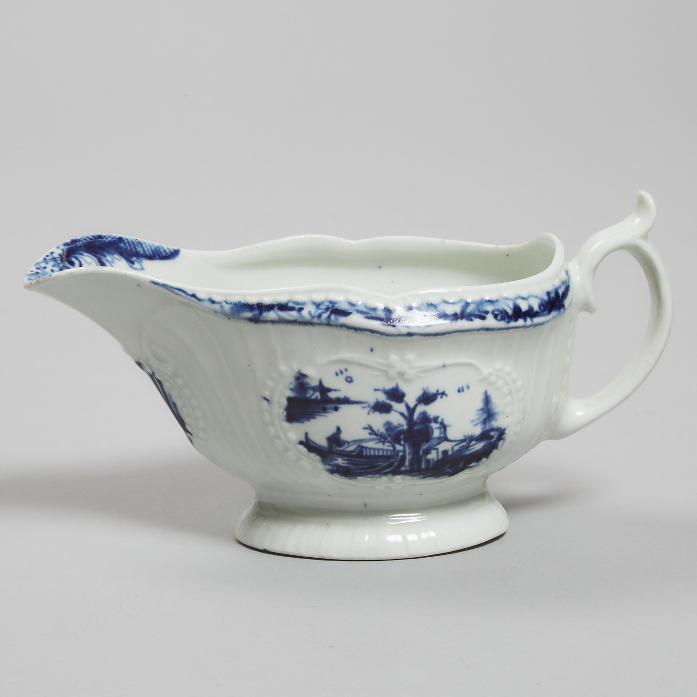 Worcester 'Fisherman and Billboard Island' Moulded Sauce Boat, c.1758-65