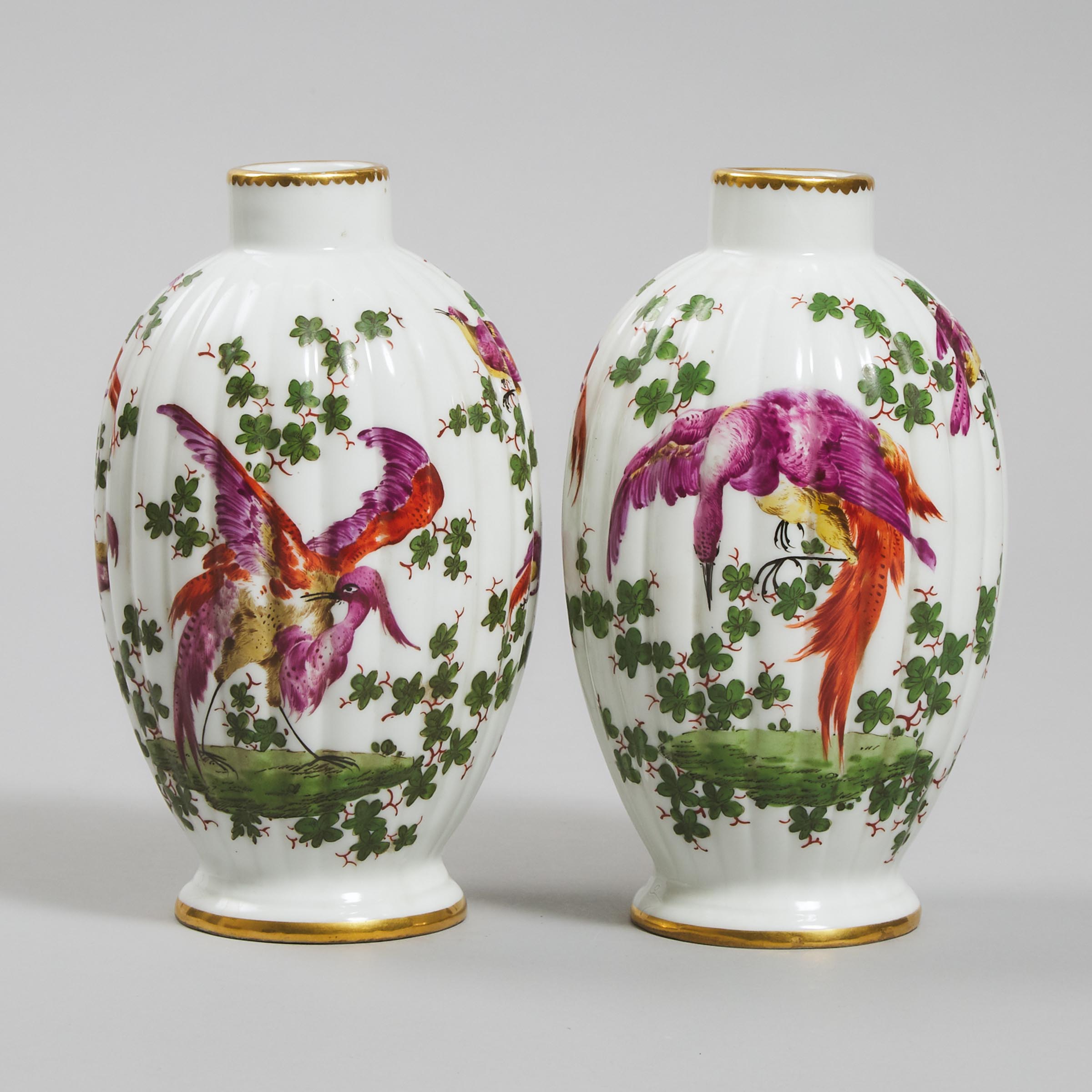 Pair of Samson 'Chelsea' Exotic Bird Fluted Vases, c.1900