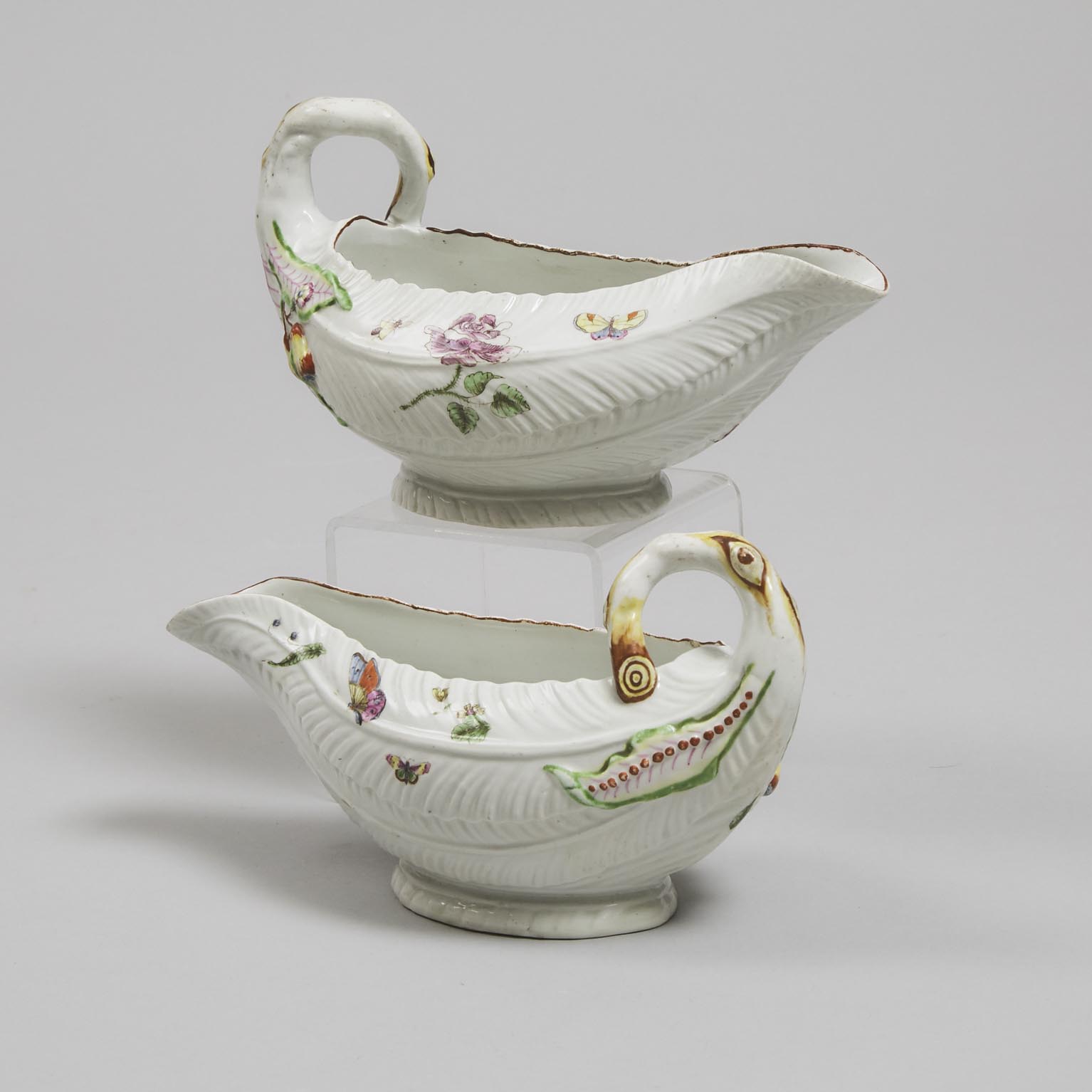 Pair of Worcester Cos Lettuce Leaf Sauce Boats, c.1755
