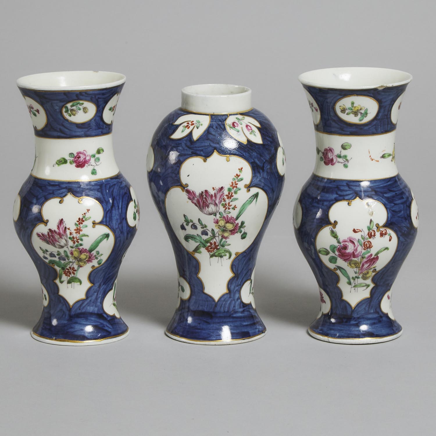 Garniture of Three Christian's Liverpool Blue Ground Vases, c.1770