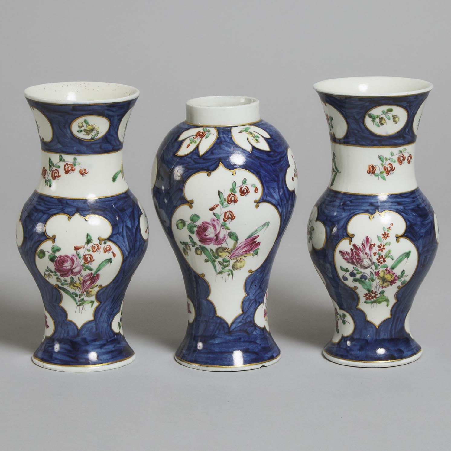 Garniture of Three Christian's Liverpool Blue Ground Vases, c.1770