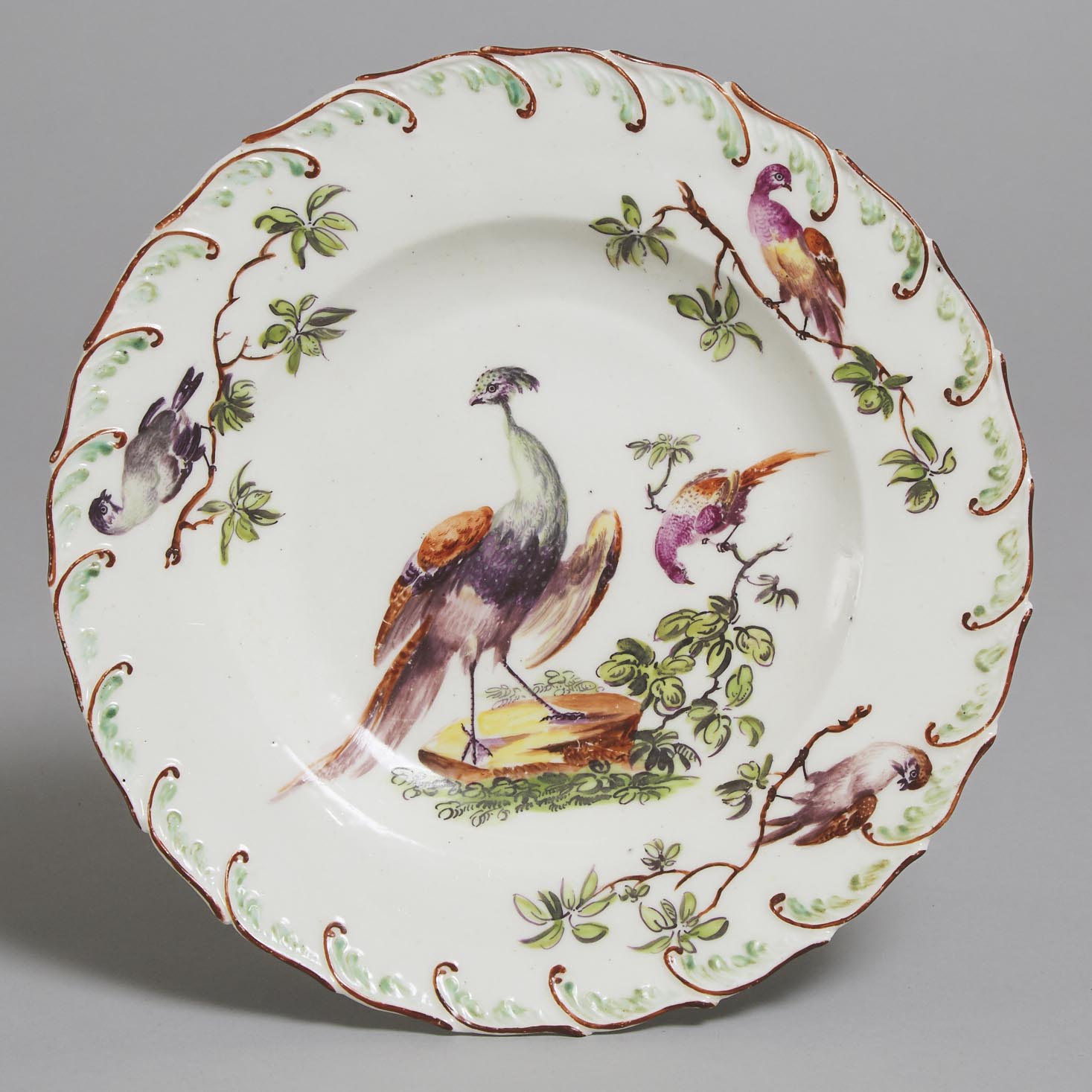Derby Bird Painted Feather Edged Plate, c.1760-70