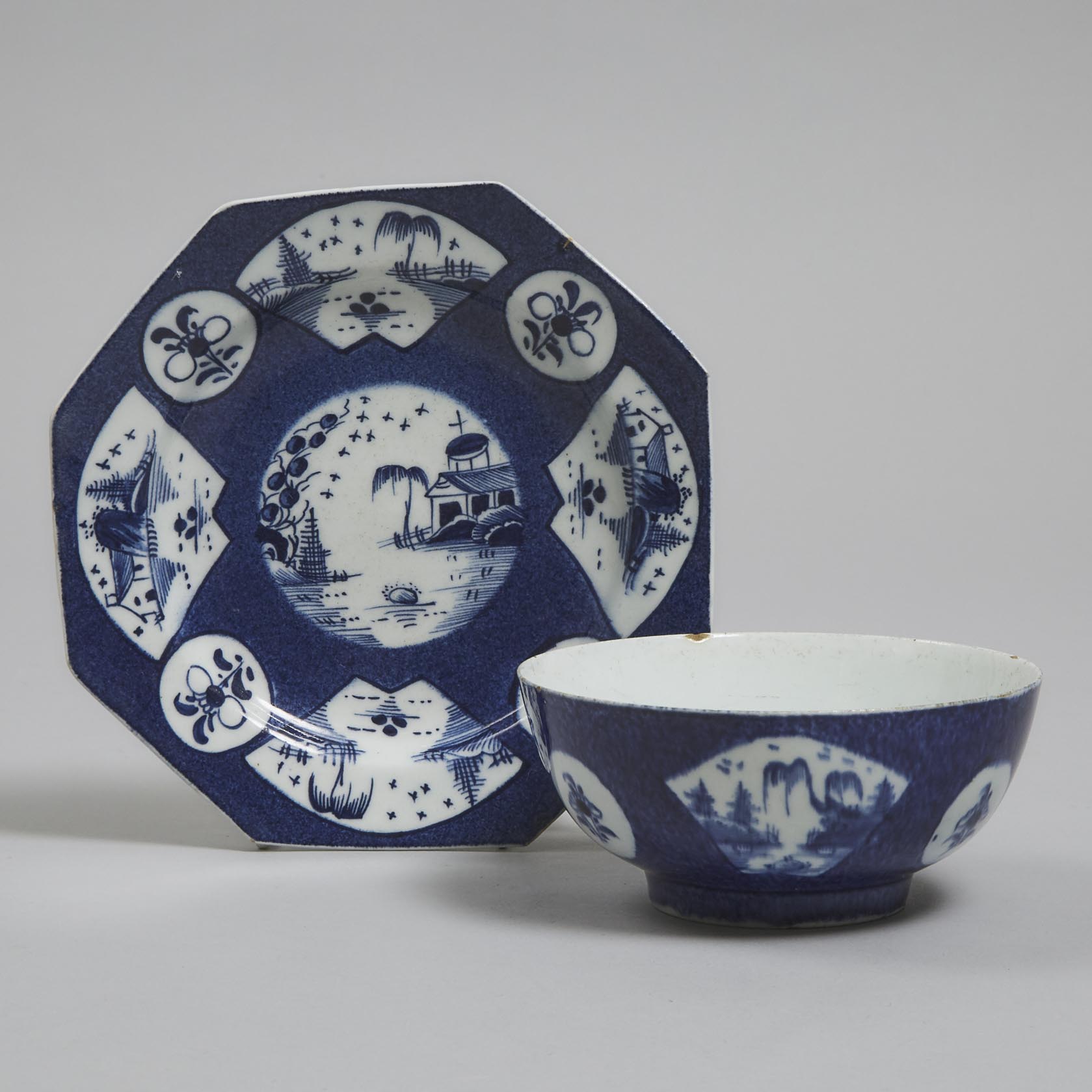 Bow Powder Blue Ground Bowl and a Small Octagonal Plate, c.1760
