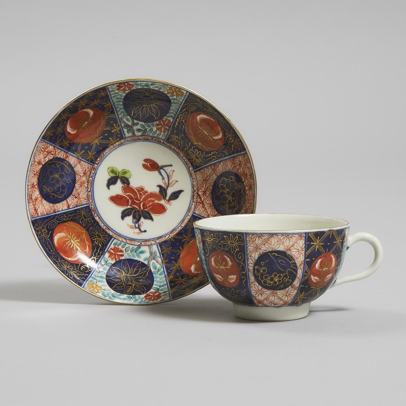 Worcester 'Old Mosaic' Japan Pattern Cup and Saucer, c.1770