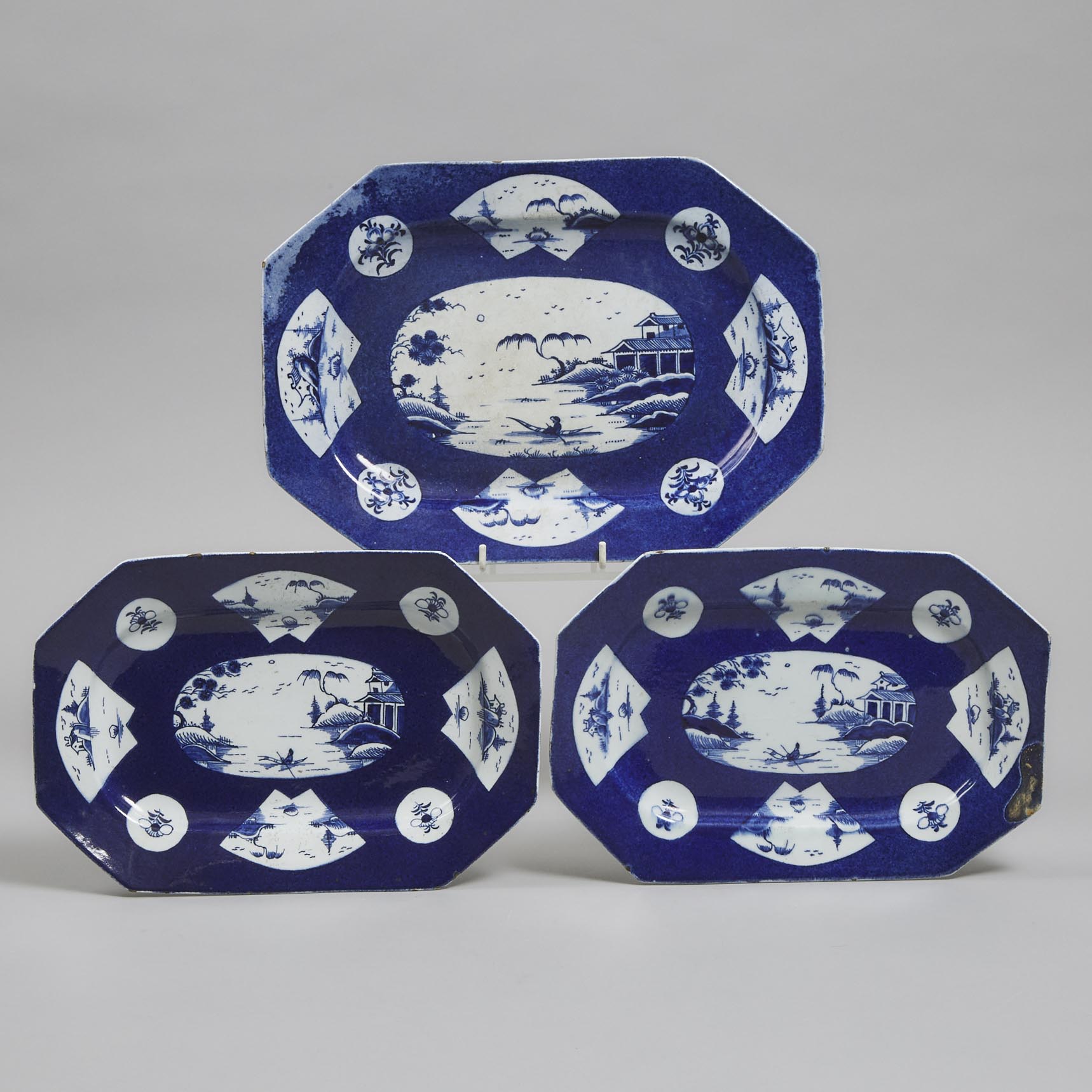 Three Bow Powder Blue Ground Octagonal Platters, c.1760