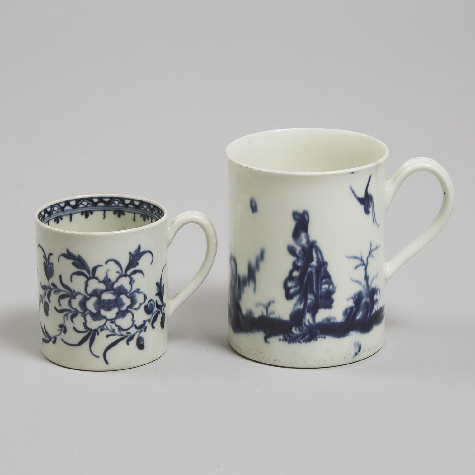 Worcester 'Walk in the Garden' and 'Peony' Pattern Mugs, c.1760-70