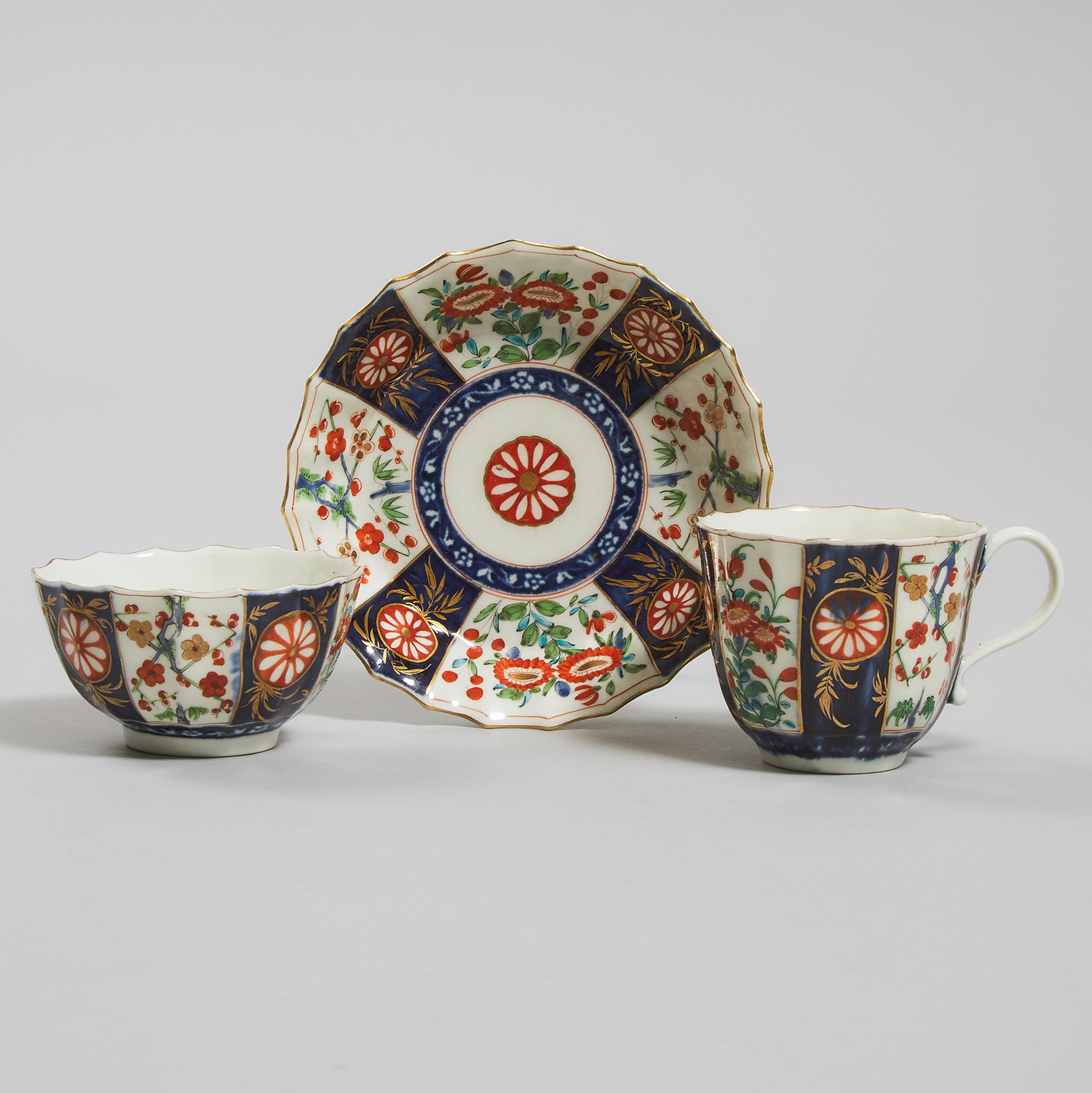 Worcester Japan Pattern Tea Bowl, Coffee Cup and Saucer Trio, c.1770