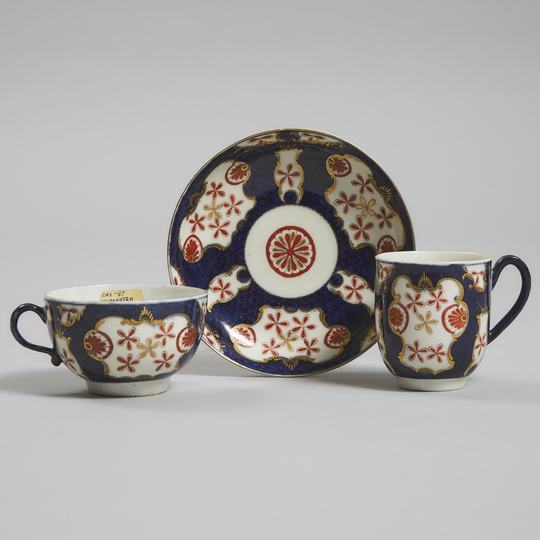 Worcester 'Old Japan Star' Pattern Tea Cup, Coffee Cup and Saucer Trio, c.1770