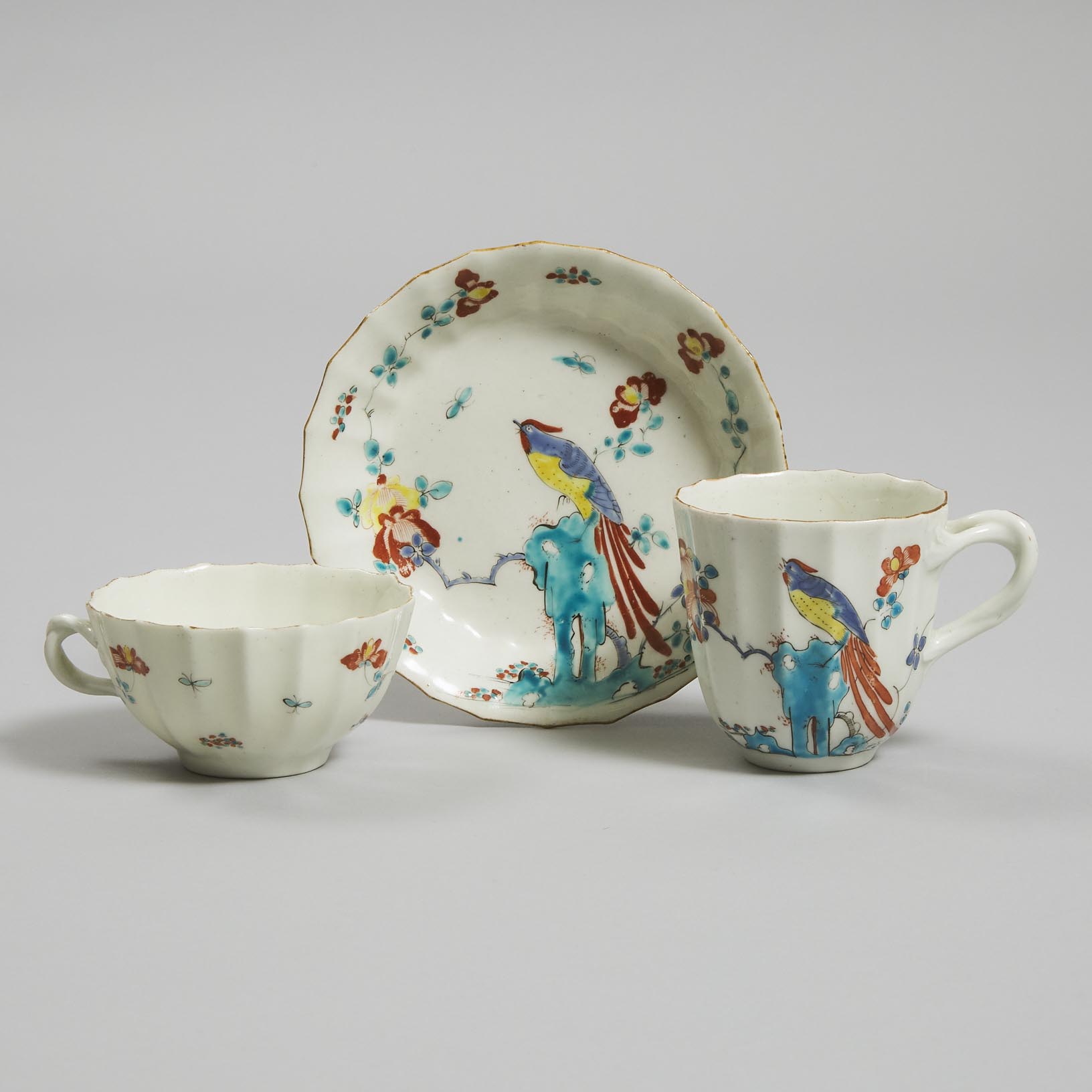 Worcester 'Sir Joshua Reynolds' Pattern Fluted Tea Cup, Coffee Cup and Saucer Trio, c.1770