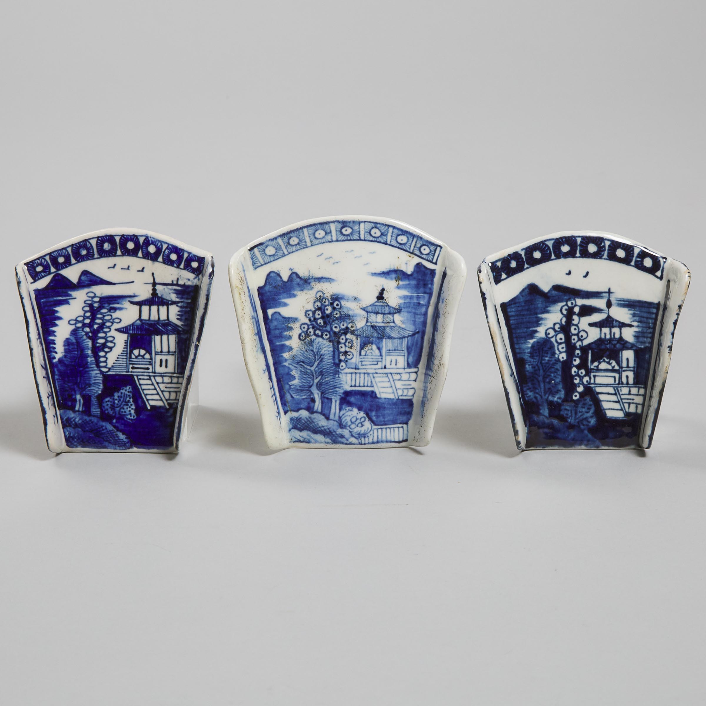 Three Derby Blue and White Asparagus Servers, c.1775-80