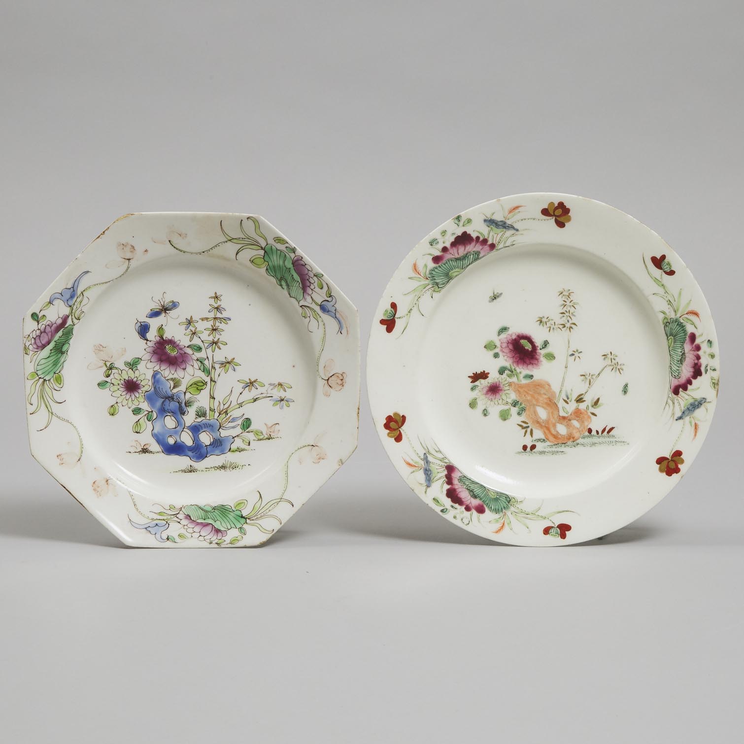 Two Bow Famille-Rose Enameled Plates, c.1755
