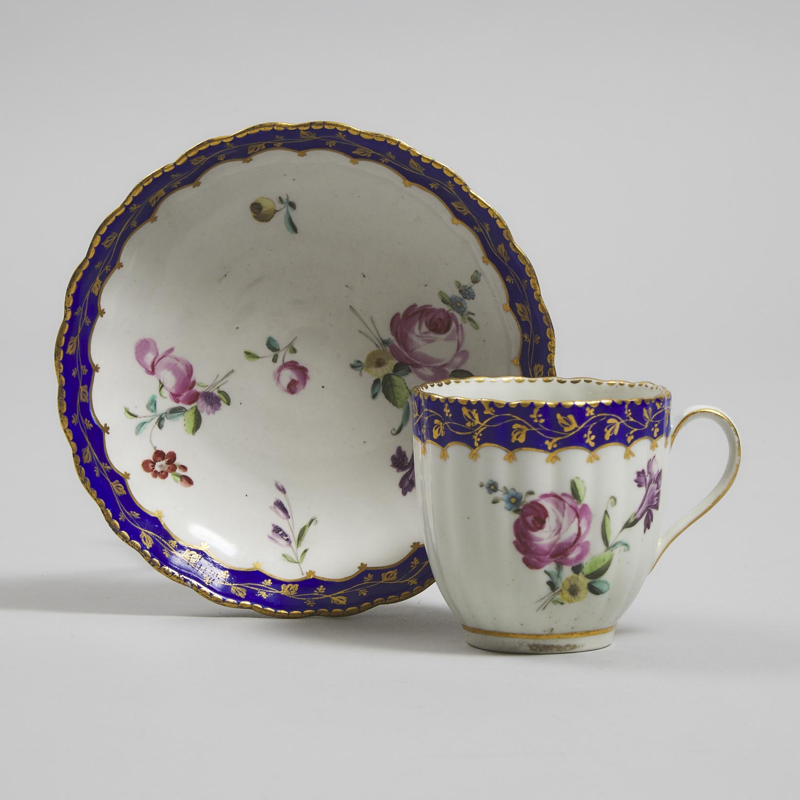 Derby Flower Painted Fluted Coffee Cup and Saucer, c.1780