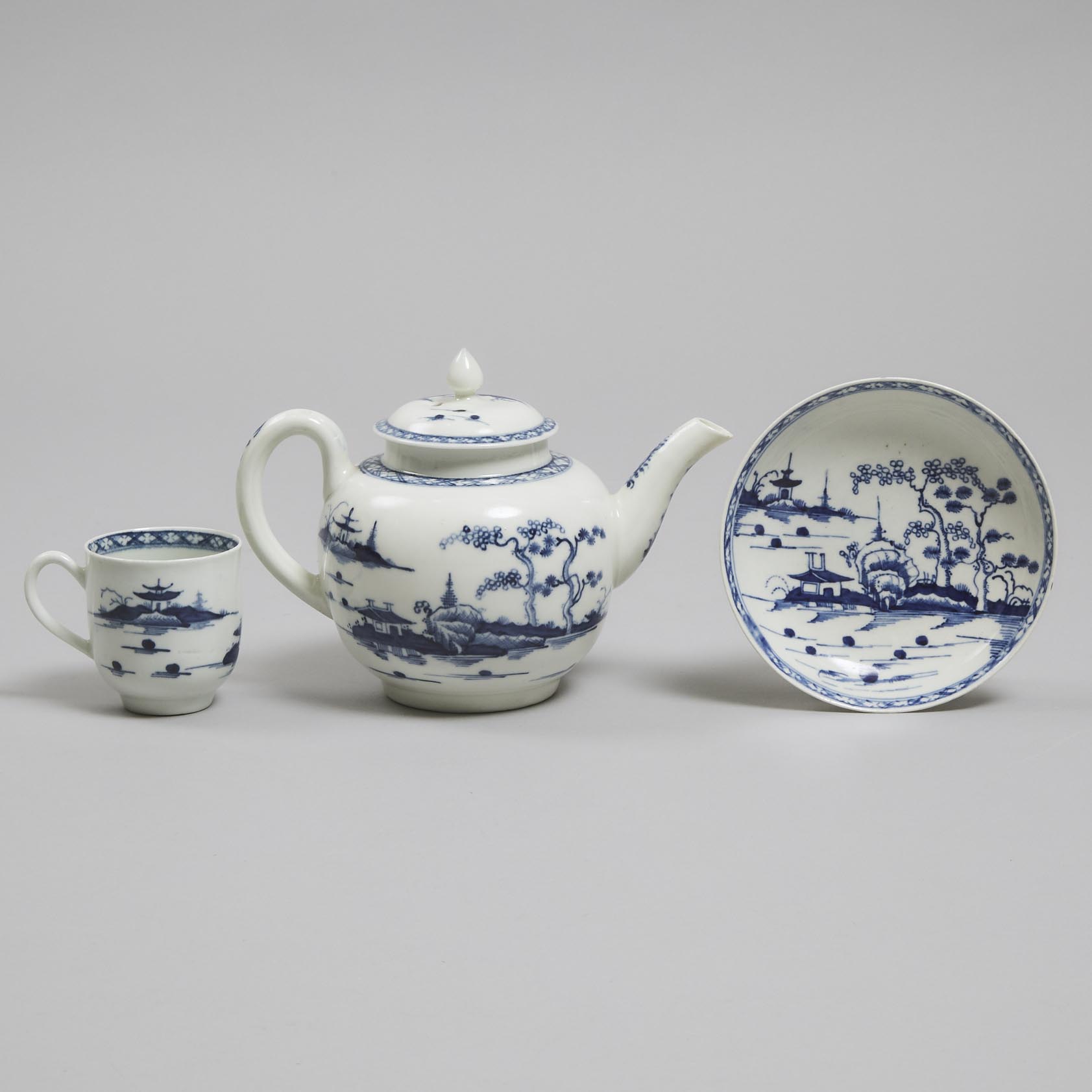 Worcester 'Cannonball' Pattern Teapot, Cup and Saucer, c.1770-80