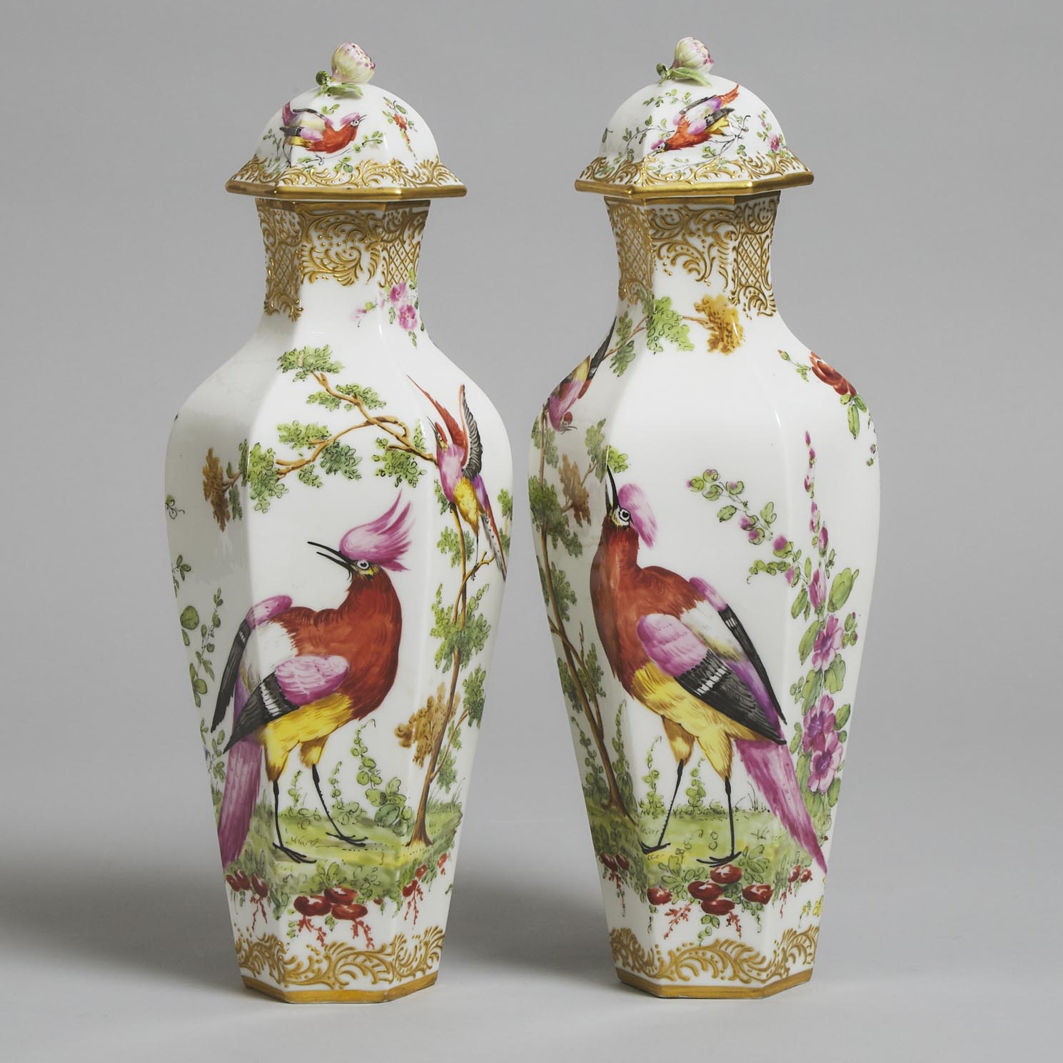 Pair of Samson 'Chelsea' Exotic Bird Hexagonal Covered Vases, c.1900