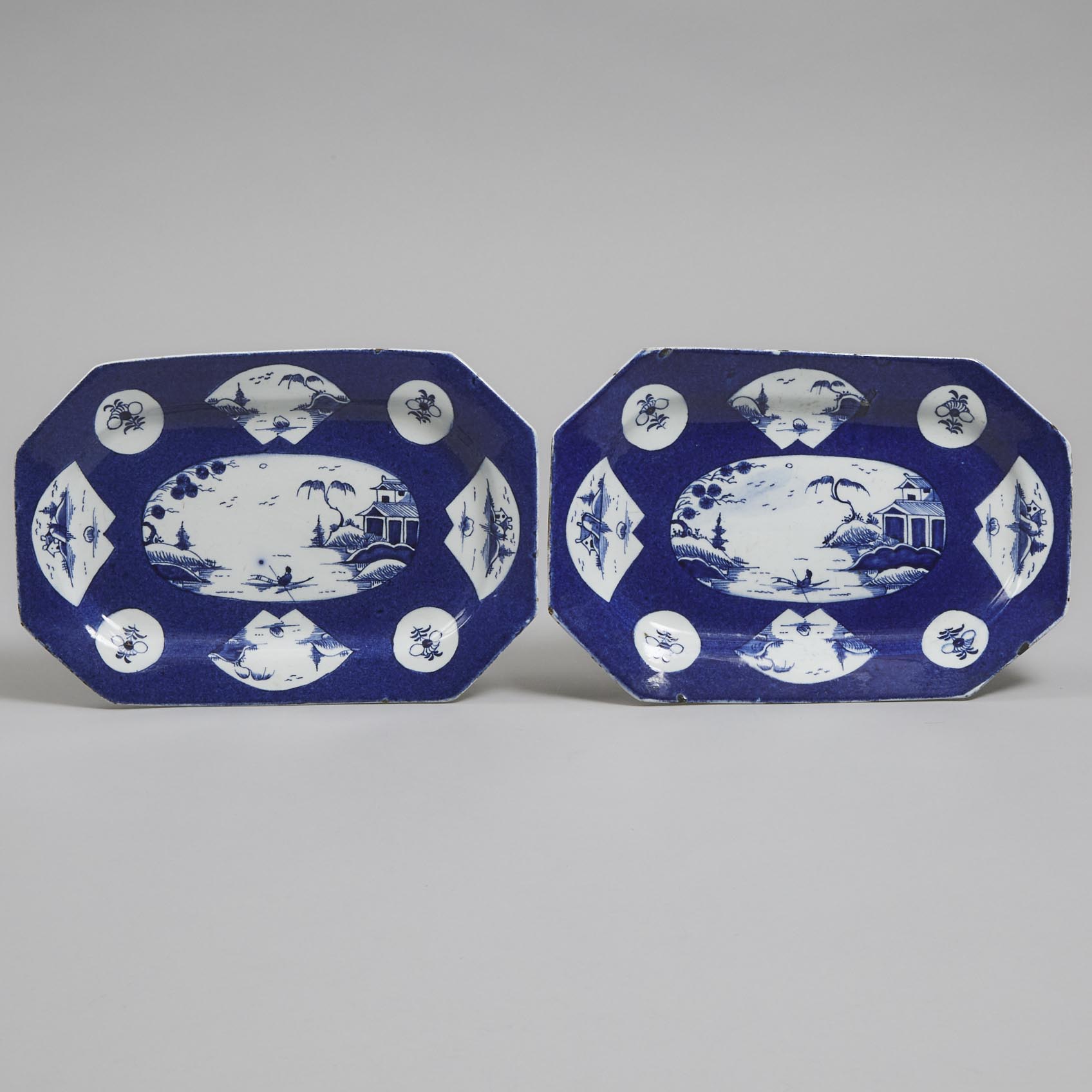 Two Bow Powder Blue Ground Small Octagonal Platters, c.1760
