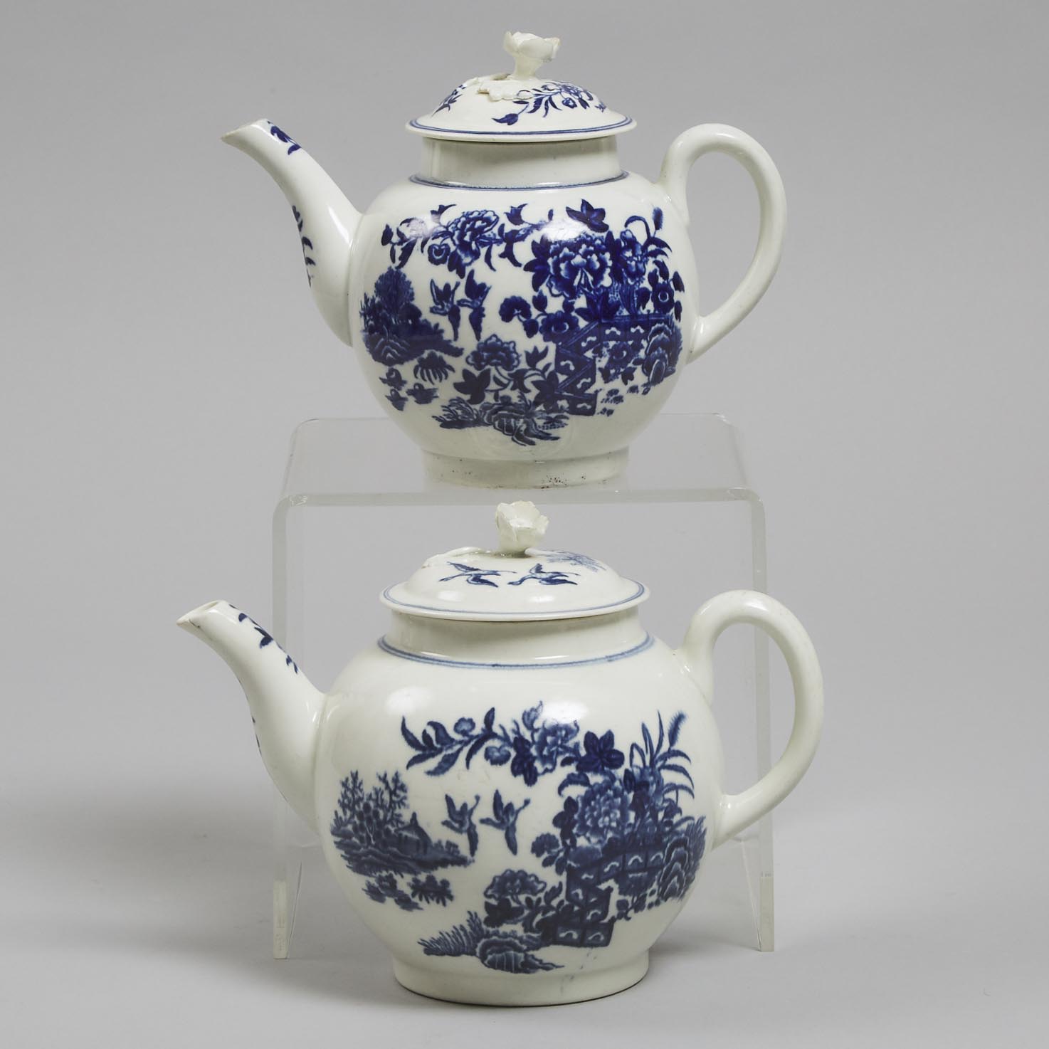 Two Worcester Blue Printed 'Fence' Pattern Teapots, c.1775