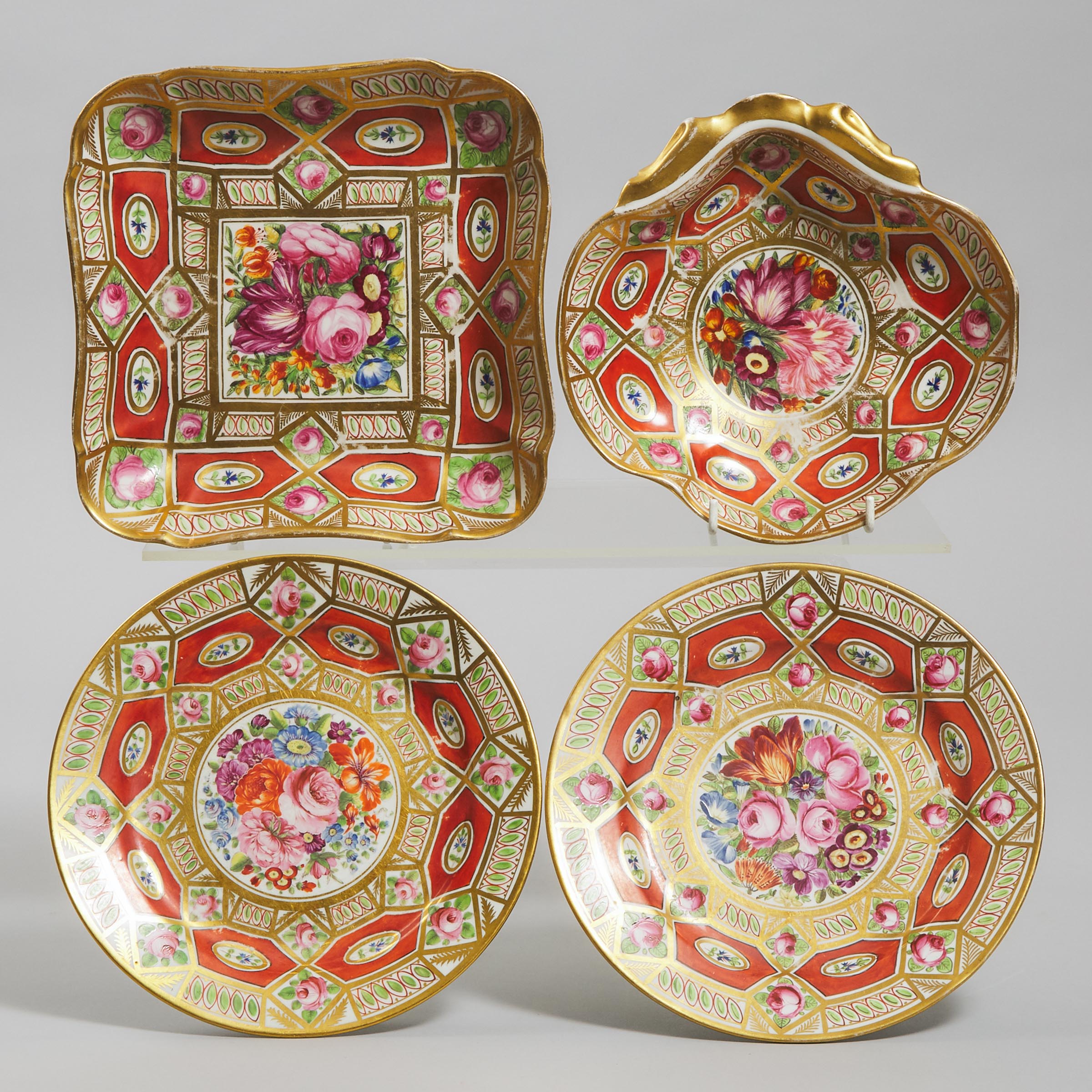 Coalport 'Church Gresley' Pattern Square Dish, Shell Dish and a Pair of Plates, c.1810