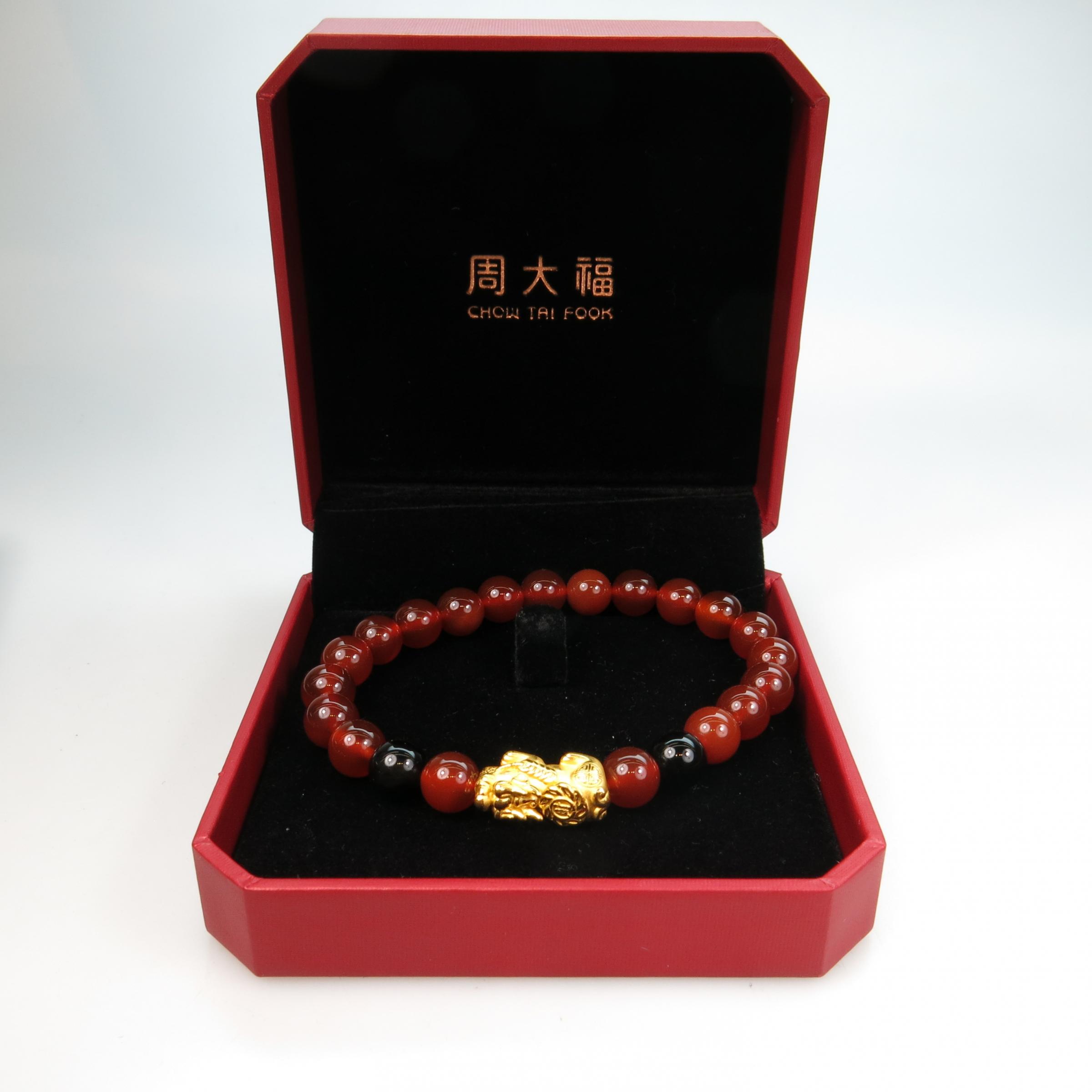 Chow Tai Fook Carnelian Bead & 24k Yellow Gold Bracelet