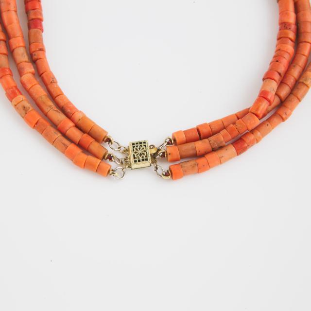 Triple Strand Graduated Coral Bead Necklace