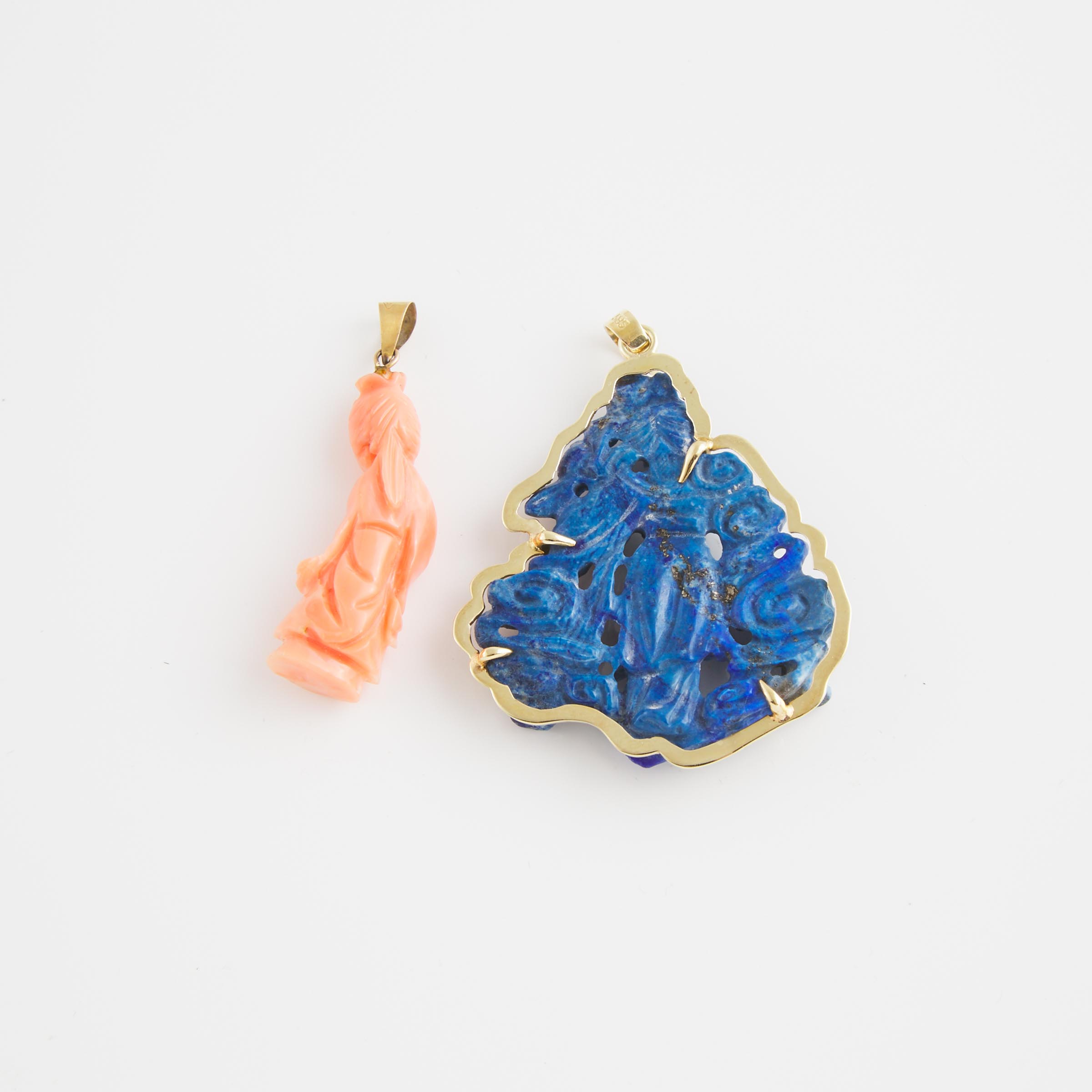 Carved Lapis And Coral Pendants