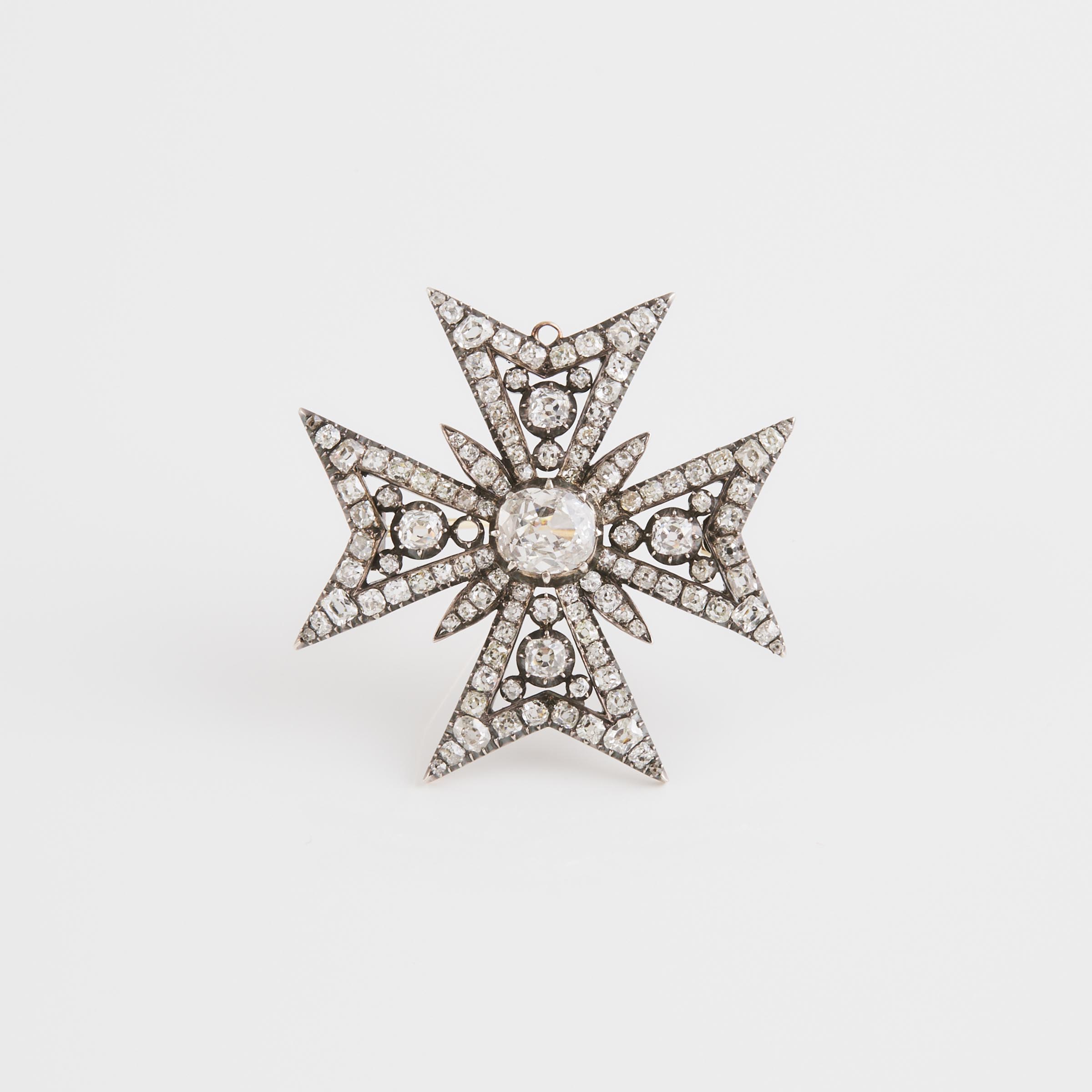 9k Yellow Gold And Silver Maltese Cross Brooch/Pendant