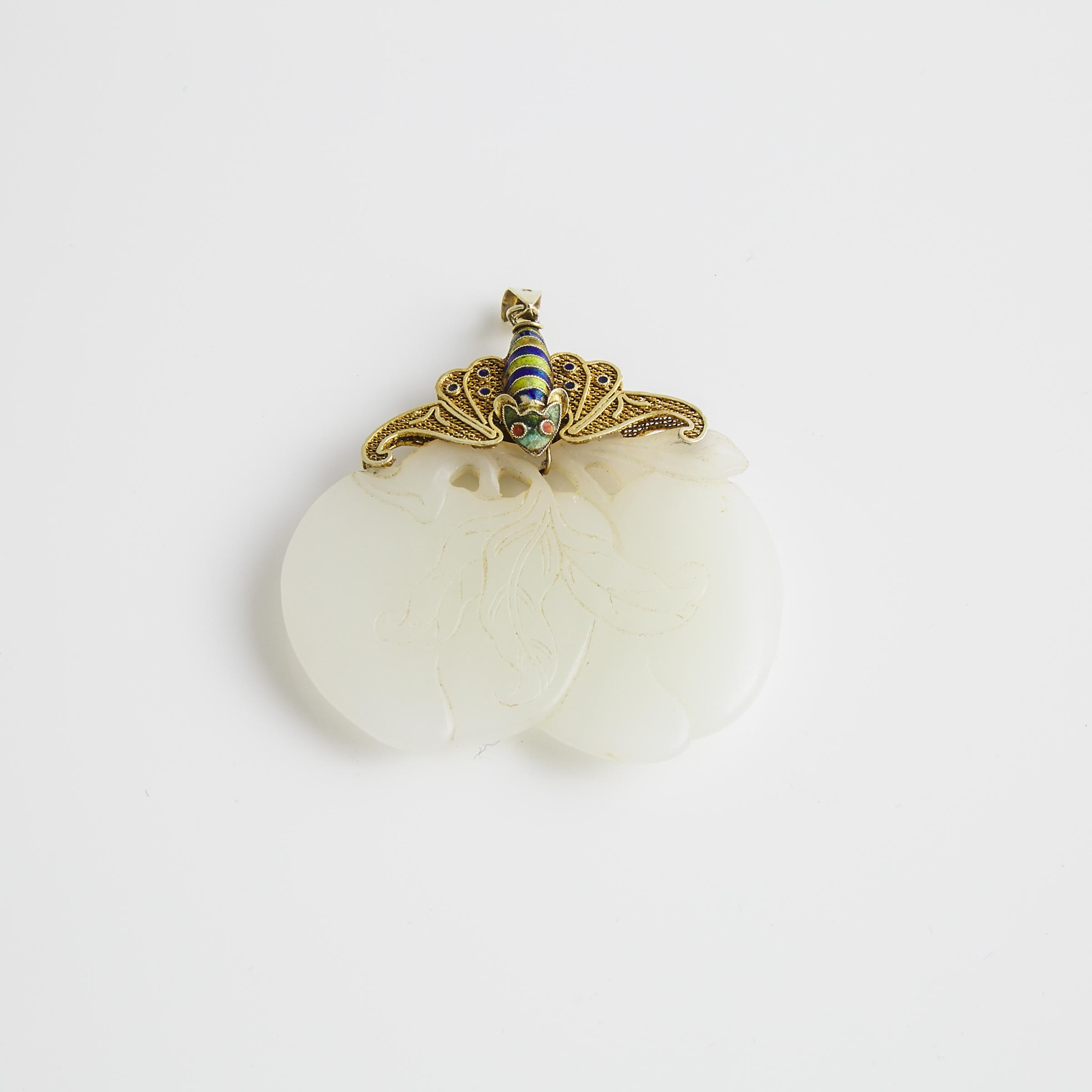 Chinese 14k Yellow Gold Filigree And White Jade Pendant