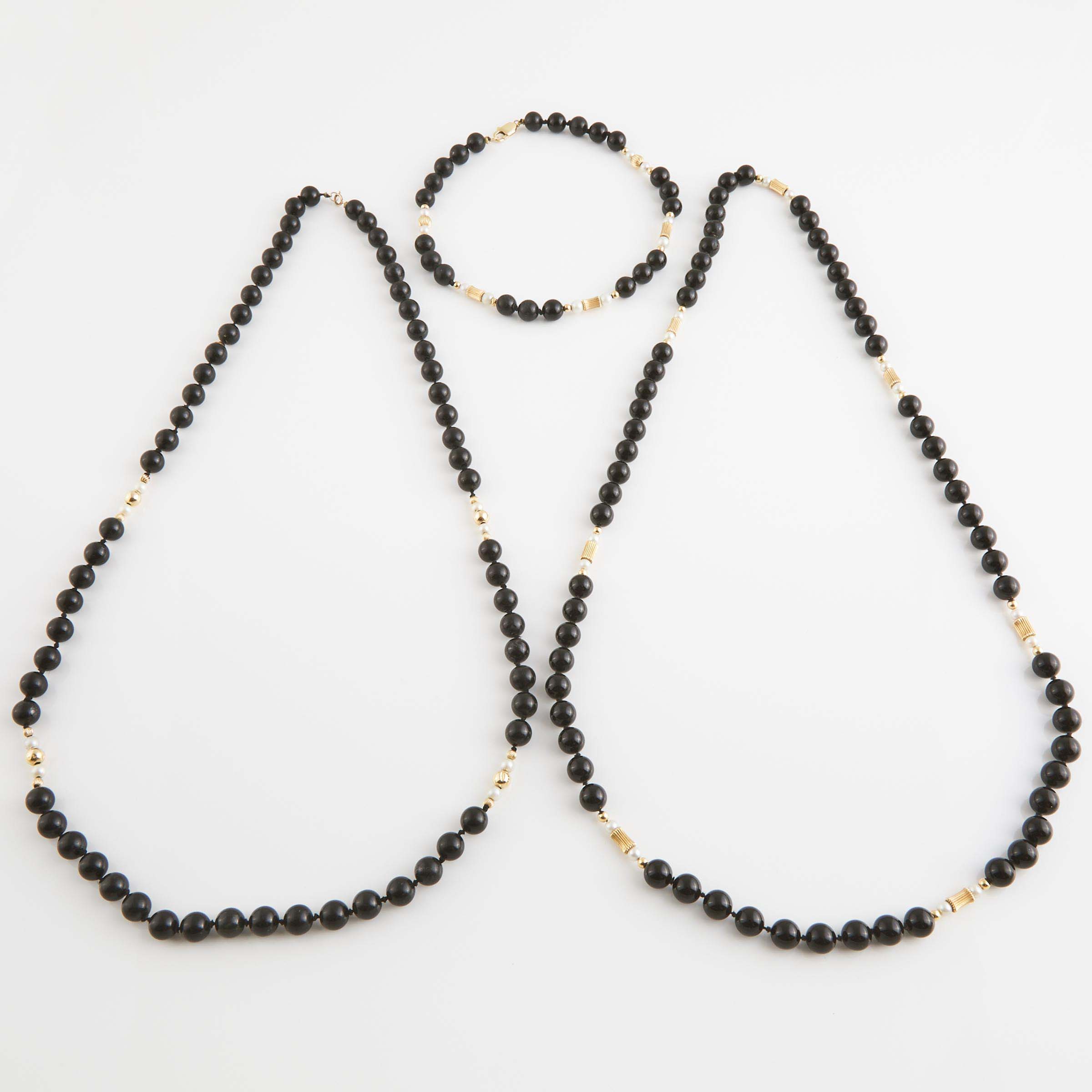 3 Single Strands Of Onyx Beads And Pearls