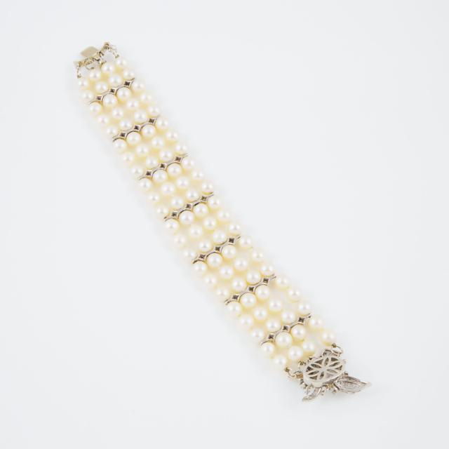 10k And 14K White Gold 4-Strand Cultured Pearl Bracelet