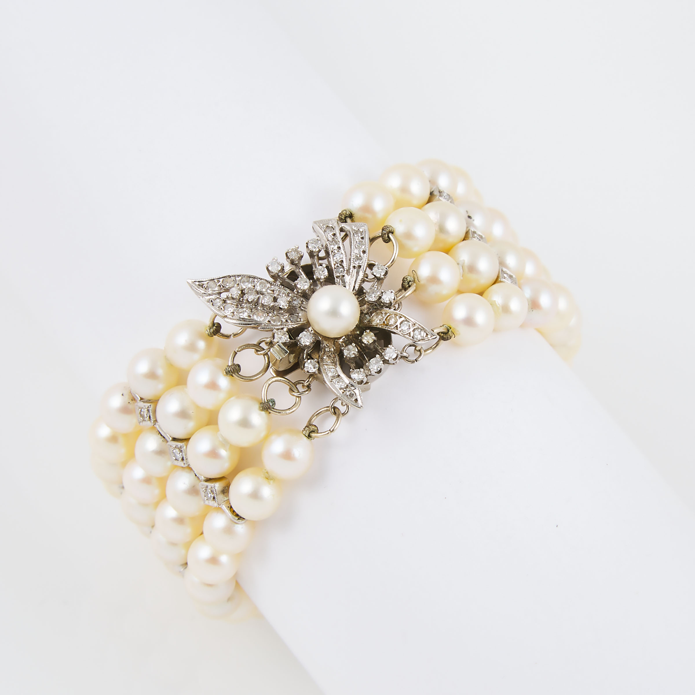 10k And 14K White Gold 4-Strand Cultured Pearl Bracelet