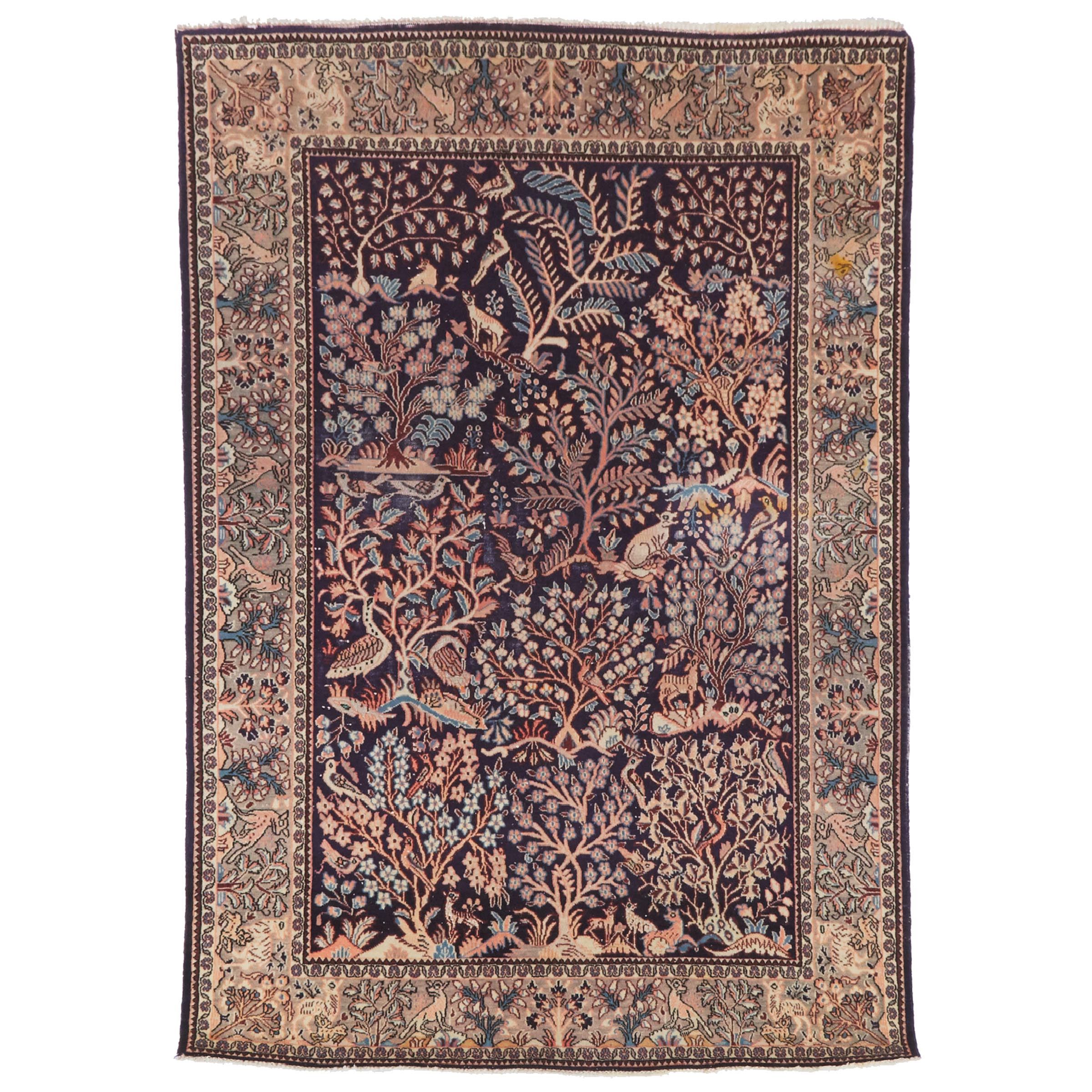 Tabriz Tree of Life Design Rug with Silk Inlets, Persian, c.1960