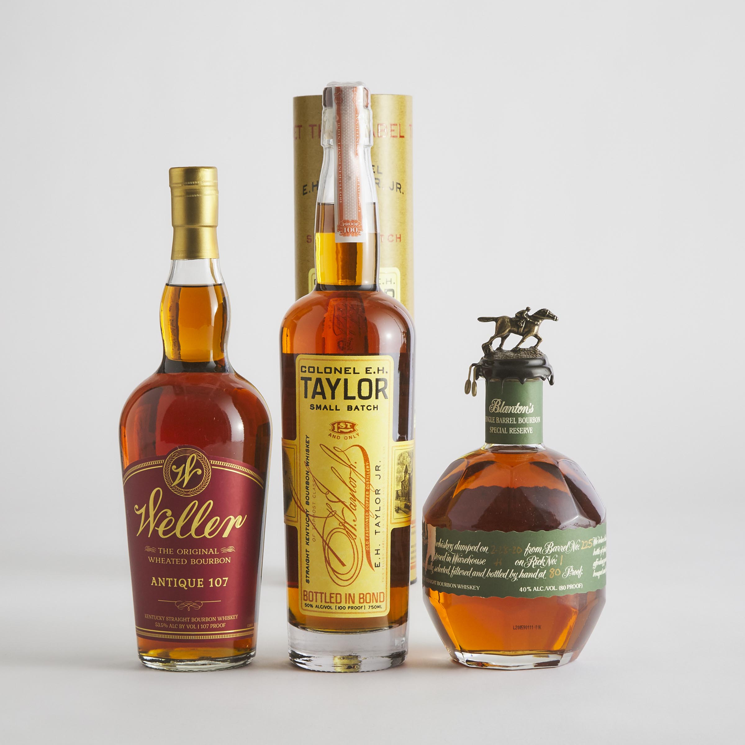 BLANTON’S SINGLE BARREL SPECIAL RESERVE BOURBON WHISKEY (ONE 750 ML)
COLONEL E.H. TAYLOR JR. SMALL BATCH STRAIGHT KENTUCKY BOURBON WHISKEY (ONE 750 ML)
WELLER ANTIQUE 107 ORIGINAL WHEATED BOURBON WHISKEY (ONE 750 ML)