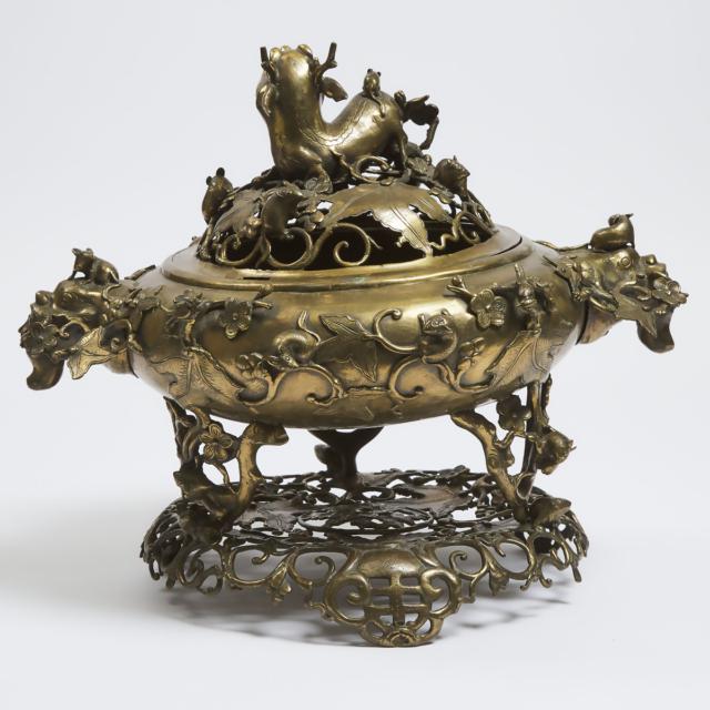 A Large Gilt Bronze 'Qilin' Censer, Cover and Stand, Xuande Mark, Qing Dynasty