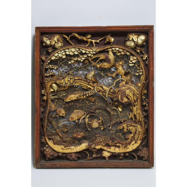 A Pair of Chinese Carved Gilt Wood Panels, Yunzouxiang Chen Shengji Mark, Jiaqing Period, Early 19th Century