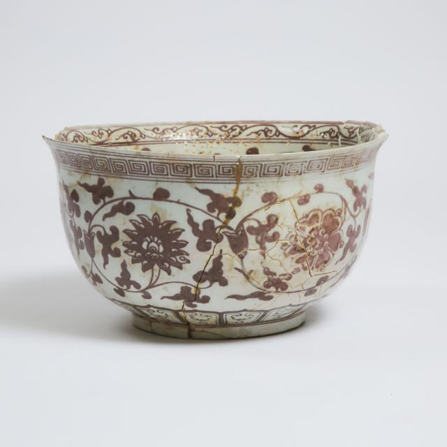 A Large Copper-Red 'Floral Scroll' Bowl, Possibly Hongwu Period (1368-1398)