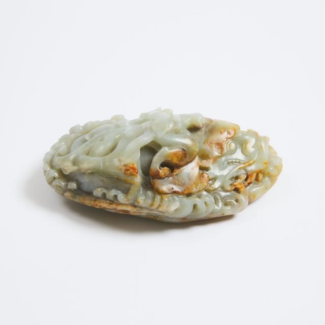 A Celadon and Russet Jade Carving of a Dragon-Carp, Qing Dynasty, 18th Century