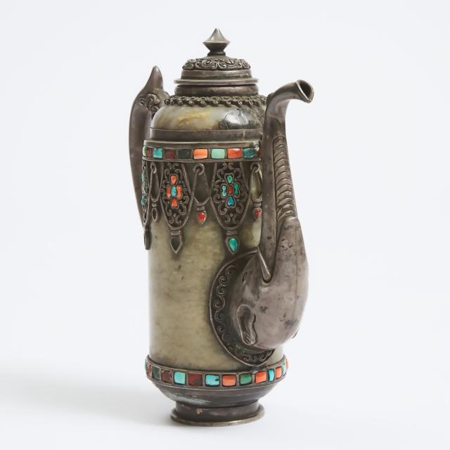 A Mottled Celadon Jade Silver-Mounted Teapot, Tibet/Mongolia, 19th Century or Earlier