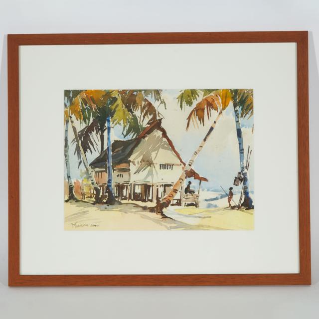 Yong Mun Sen (Malaysian, 1896-1962), Three Watercolours of Kampung Houses/Seaside Villages, 1945