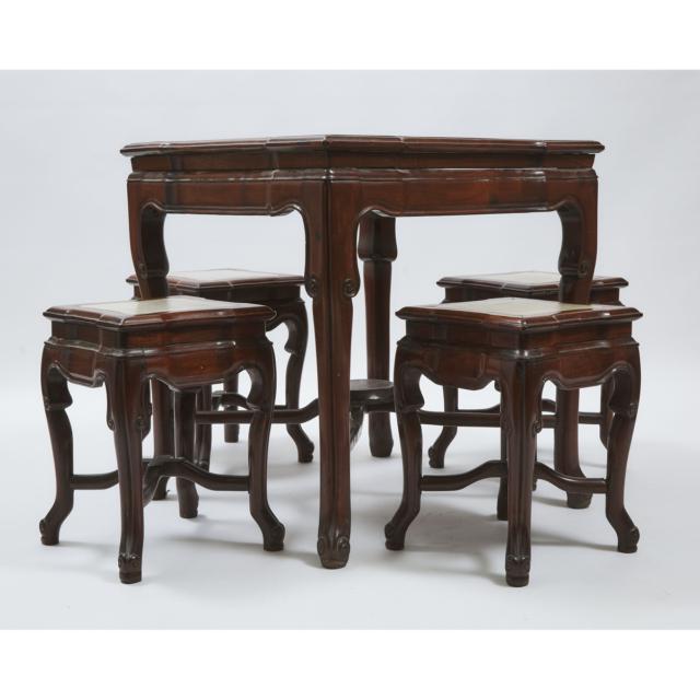 A Set of Four Marble-Inset Stools and Square Table, Mid 20th Century