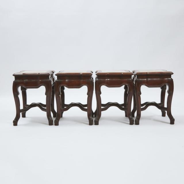 A Set of Four Marble-Inset Stools and Square Table, Mid 20th Century