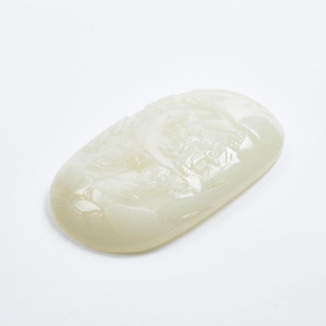A White Jade 'Figural Landscape' Oval Plaque, Qing Dynasty, 18th/19th Century