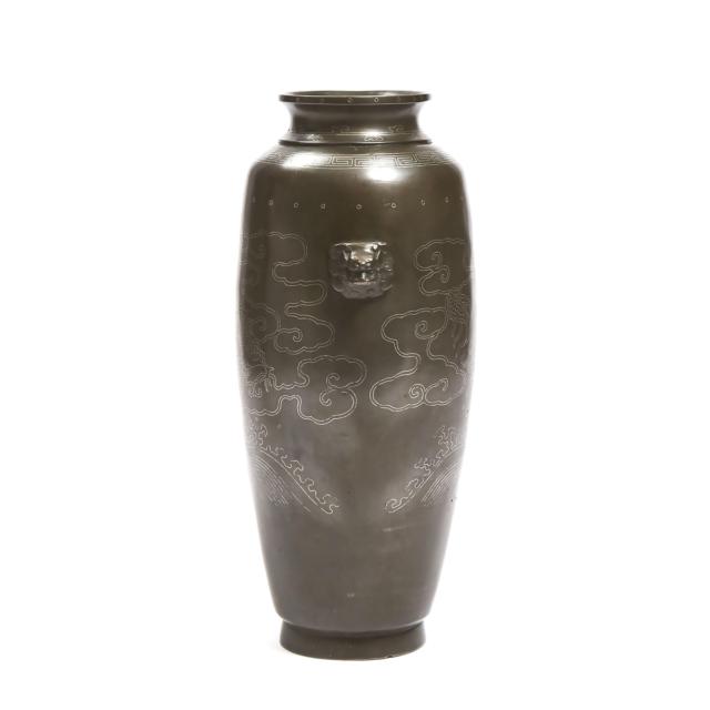 A Rare Silver Wire-Inlaid Bronze 'Dragon' Vase, Shisou Mark, Qing Dynasty, 17th/18th Century